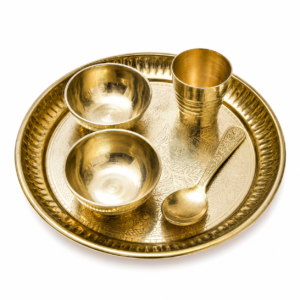 Large Pooja Bhog Thali Set | 7 Inch Brass Thali with 2 Bowls, Glass & Spoon