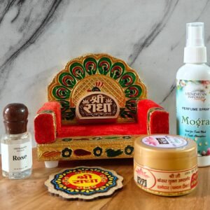 Naam Seva Combo Pack | Attar, Fragrance Spray, Singhasan with Shree Radha Kadamb Naam Seva & FREE Shri Radha MDF Sticker