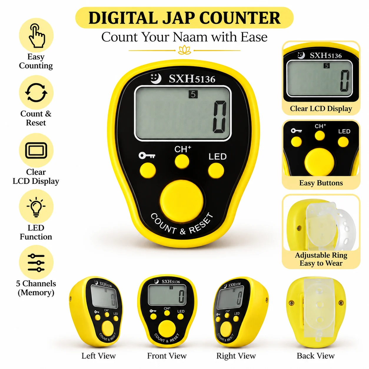 50 Lakh Naam Jap Digital Counter | Replaceable Battery | 5 Channel Memory | LED Display | Adjustable Finger Ring - Image 1