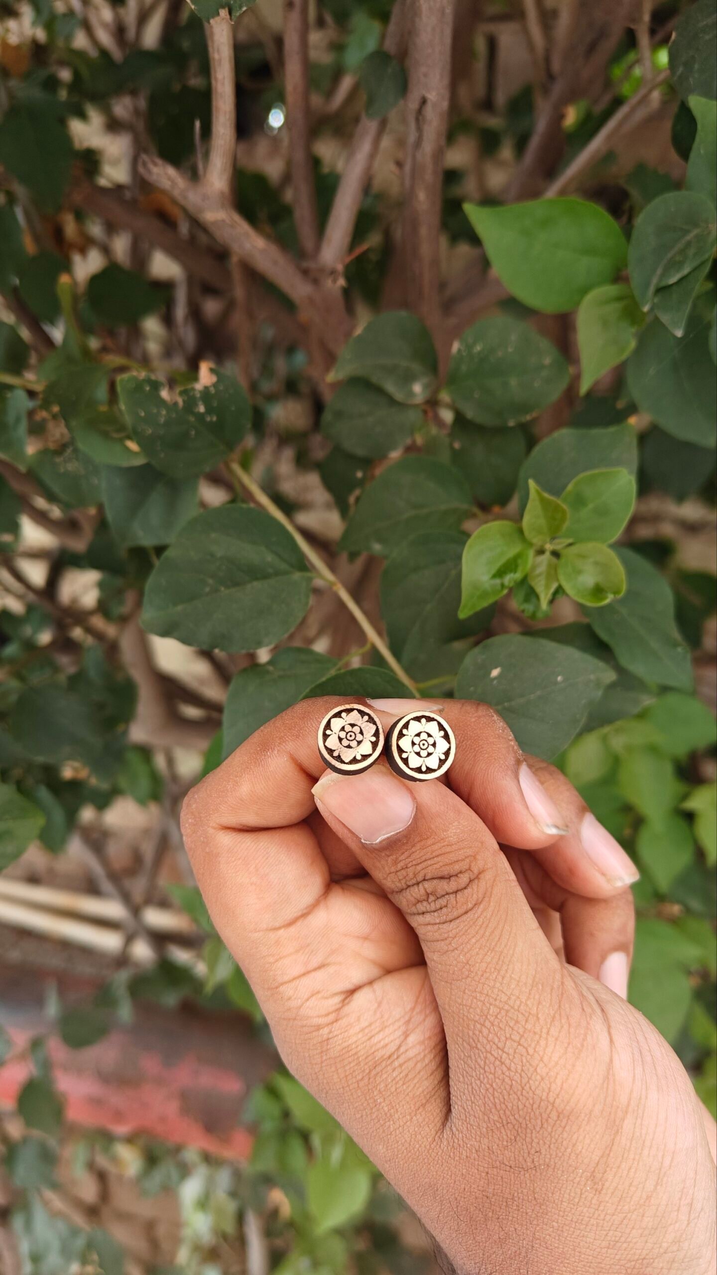 Pure Tulsi Floral Design Earrings | Handcrafted Round Tulsi Studs - Image 1