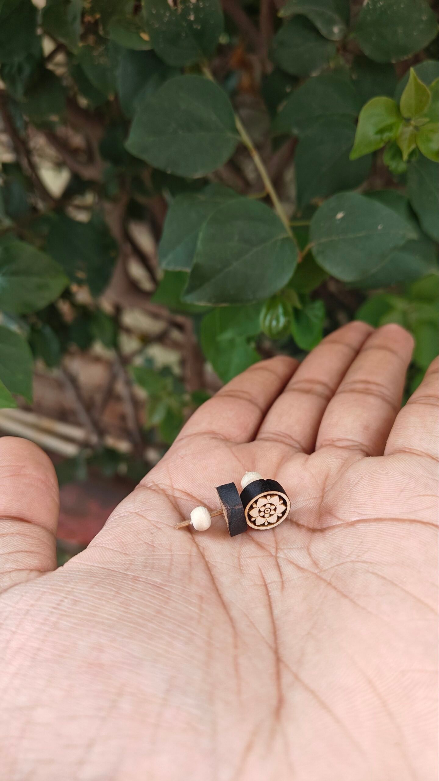 Pure Tulsi Floral Design Earrings | Handcrafted Round Tulsi Studs - Image 2
