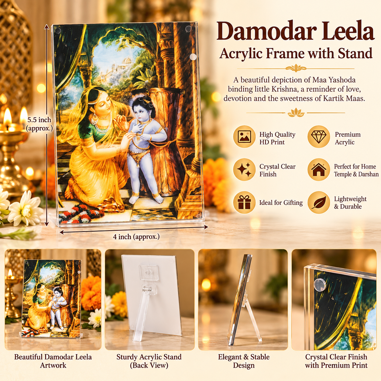 Damodar Leela Acrylic Photo Frame with Stand | Maa Yashoda & Bal Krishna Divine Artwork - Image 1